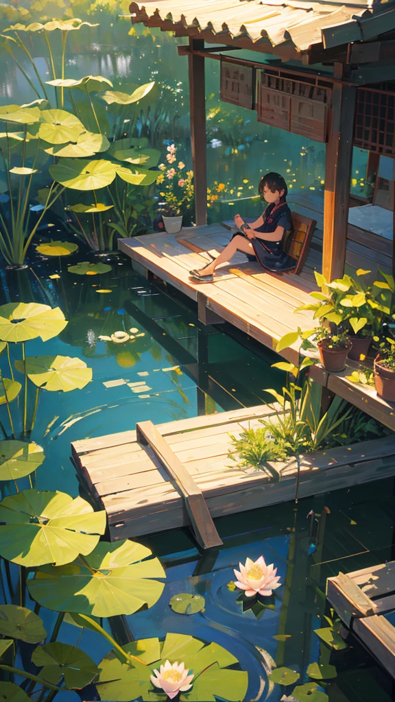 In the near distance is a lotus pond and in the far distance a child is sitting on a small boat