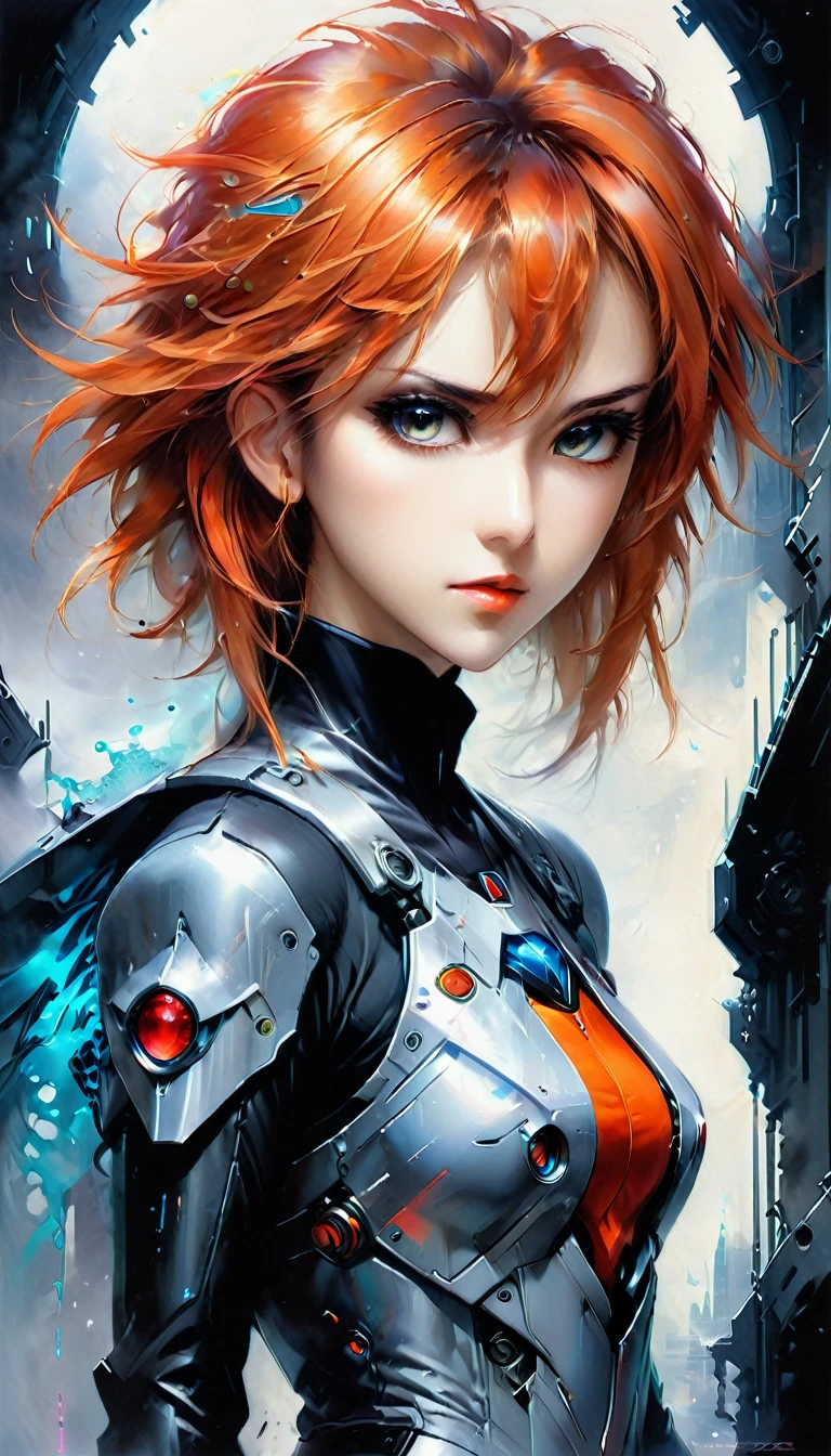 Asuka Evangelion en estilo anime en un mundo cyberpunk, pencil drawing, ojos grandes, bláster en las manos, Una alta resolución