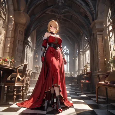 a woman wearing a sophisticated red dress, exposed shoulders, big breasts, blonde hair, short hair, red eyes, red gloves, red he...