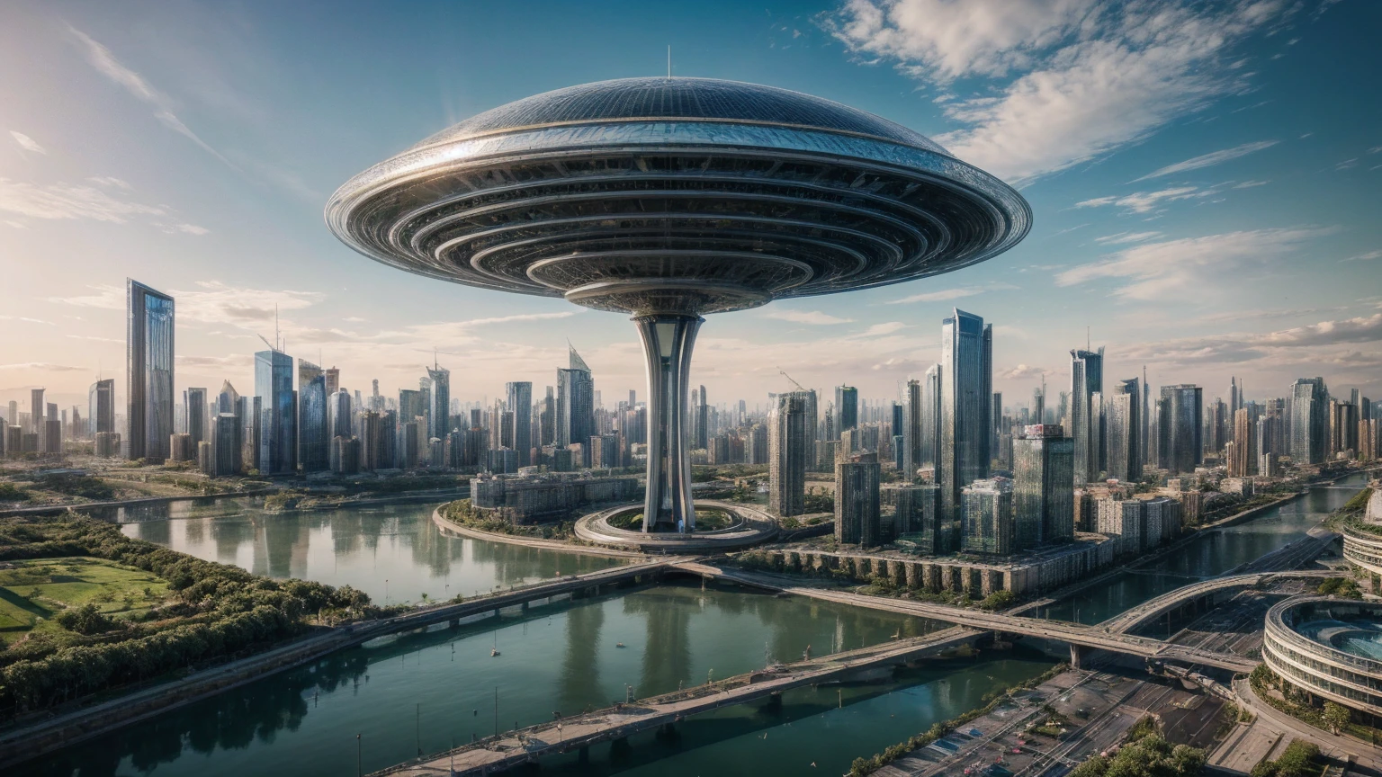 (Best quality,4K,8K,A high resolution,Masterpiece:1.2),Ultra-detailed,(Realistic,Photorealistic,photo-realistic:1.37),Futuristic floating city,Futuristic technology,Huge urban high-tech tablet platform,Airship,Floating in the sky,Futuristic city,Small airships around,High-tech hemispherical platform,Colorful lights,Advanced architecture,modernn architecture,skyscrapper,Access the cloud,Scenic beauty,view over city,Impressive design,Blend seamlessly with nature,energetic and vibrant atmosphere,Futuristic transportation system,Parking is suspended,Transparent path,Lush greenery,Sky gardens,cascading waterfalls,Magnificent skyline,reflections on the water,Sparkling river,Architectural innovation,futuristic skyscrapers,Transparent dome,The shape of the building is unusual,Elevated walkway,Impressive skyline,Glowing lights,Futuristic technology,Minimalist design,Scenic spots,Panoramic view,Cloud Piercing Tower,Vibrant colors,epic sunrise,epic sunset,Dazzling light display,magical ambiance,The future city,Urban Utopia,LuxuryLifestyle,Innovative energy,sustainable development,Smart city technology,Advanced infrastructure,Tranquil atmosphere,Nature and technology live in harmony,Awesome cityscape,Unprecedented urban planning,Architecture connects seamlessly with nature,High-tech metropolis,A cutting-edge engineering marvel,The future of urban living,Visionary architectural concept,Energy-efficient buildings,Harmony with the environment,A city floating above the clouds,Utopian dreams become reality,The possibilities are endless,State-of-the-art transportation network,Green energy integration,Innovative materials,Impressive holographic display,Advanced communication system,Breathtaking aerial view,Quiet and peaceful environment,Modernist aesthetics,Ethereal beauty