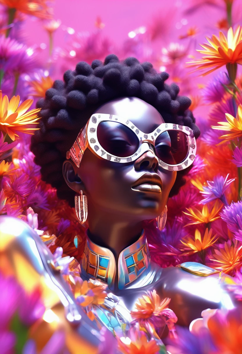 Ein leuchtendes 3D-Rendering einer schwarzen Frau in afrikanischer Kleidung und mit Sonnenbrille, die inmitten eines kaleidoskopischen Gartens voller blühender Blumen liegt, Blütenblätter schimmern in einem überirdischen Glanz, wie Würfel vom Himmel fallen, ihre verstreute Flugbahn spiegelte sich unheimlich in der Sonnenbrille der schwarzen Frau, wie ein himmlisches Omen. Das Bild strotzt vor Lebendigkeit, übertriebene Farbtöne, erinnert an Pixars Fantasiewelten, beleuchtet durch ein dramatisches Ringlicht, das die surreale Qualität dieser intergalaktischen Oase unterstreicht.