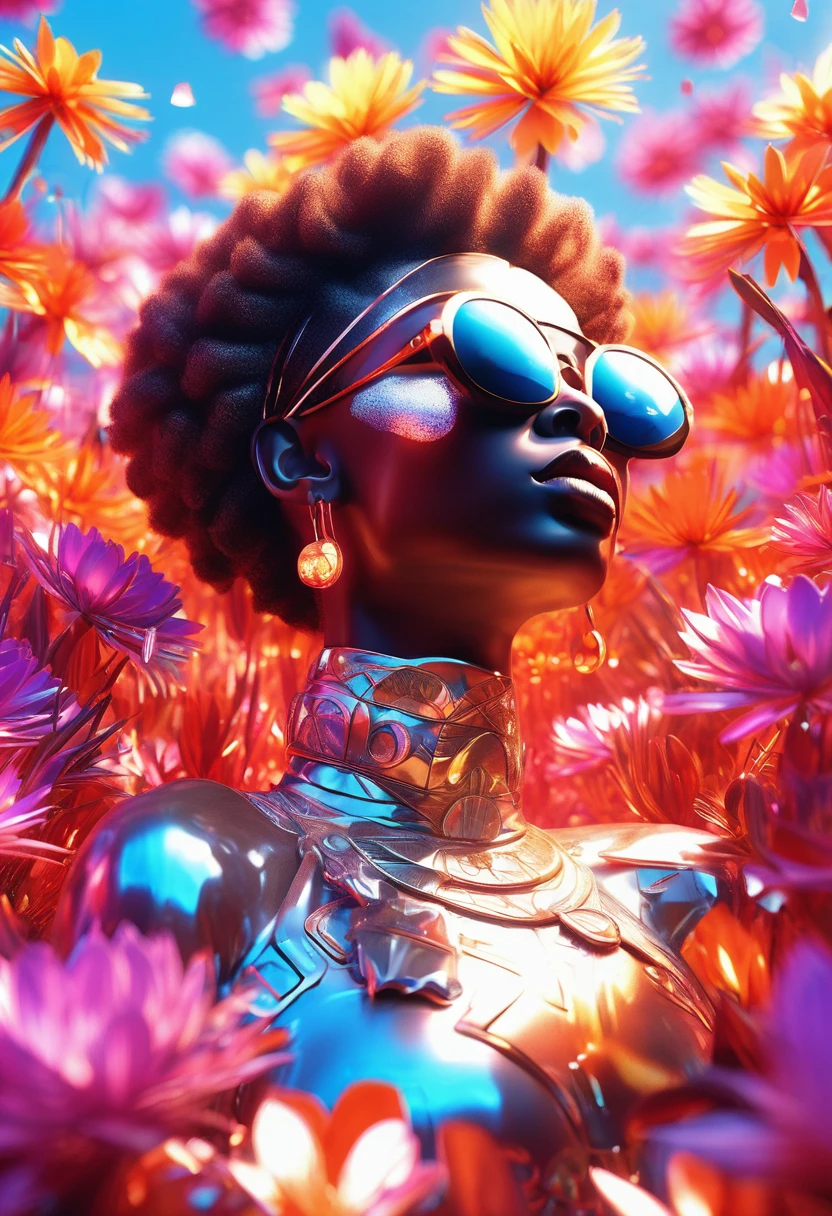 Uma renderização 3D luminescente de uma mulher negra vestida com trajes africanos e usando óculos de sol reclinada em meio a um jardim caleidoscópico de flores desabrochando, pétalas brilhando com um brilho de outro mundo, como dados caem do céu, sua trajetória dispersa refletida de forma assustadora nos óculos escuros da mulher negra, como um presságio celestial. A imagem explode com vibrante, tons exagerados, uma reminiscência dos reinos fantásticos da Pixar, iluminado por um anel de luz dramático que ressalta a qualidade surreal deste oásis intergaláctico.