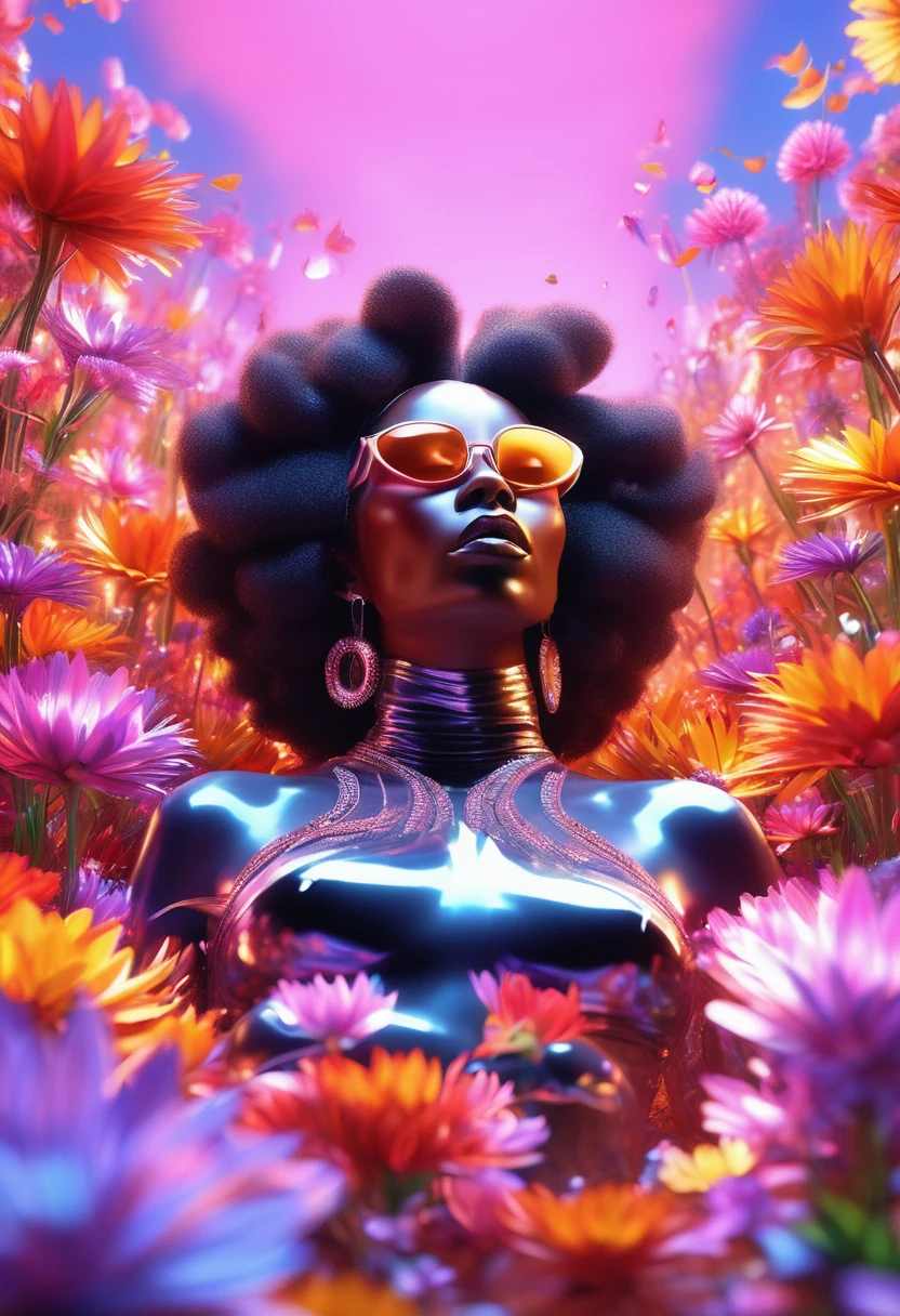 Uma renderização 3D luminescente de uma mulher negra vestida com trajes africanos e usando óculos de sol reclinada em meio a um jardim caleidoscópico de flores desabrochando, pétalas brilhando com um brilho de outro mundo, como dados caem do céu, sua trajetória dispersa refletida de forma assustadora nos óculos escuros da mulher negra, como um presságio celestial. A imagem explode com vibrante, tons exagerados, uma reminiscência dos reinos fantásticos da Pixar, iluminado por um anel de luz dramático que ressalta a qualidade surreal deste oásis intergaláctico.