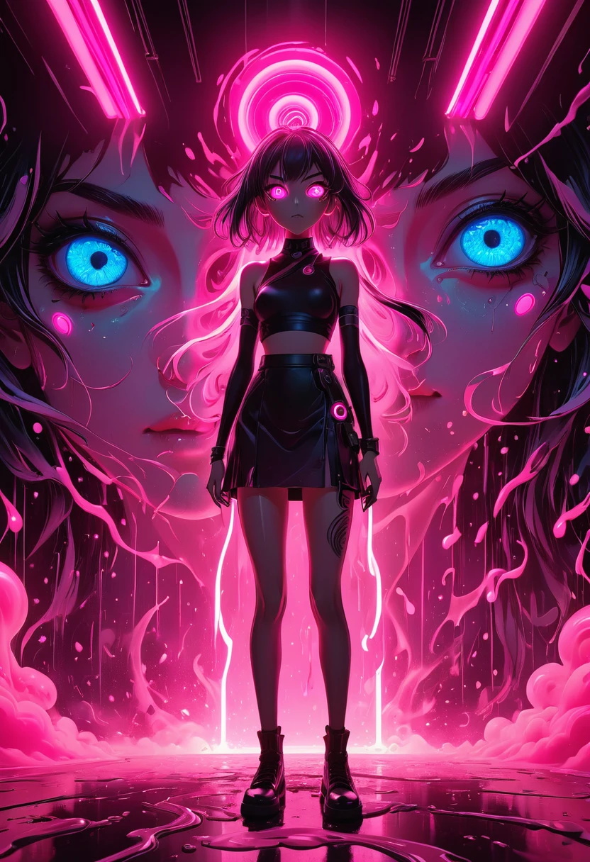 extra long shot, Epic ink bending shot, a crazy people, hollow eyes, an eye standing in bright pink light, fluorescent lighting, anime art, award winning work, 8k, ultra quailty, ultra details