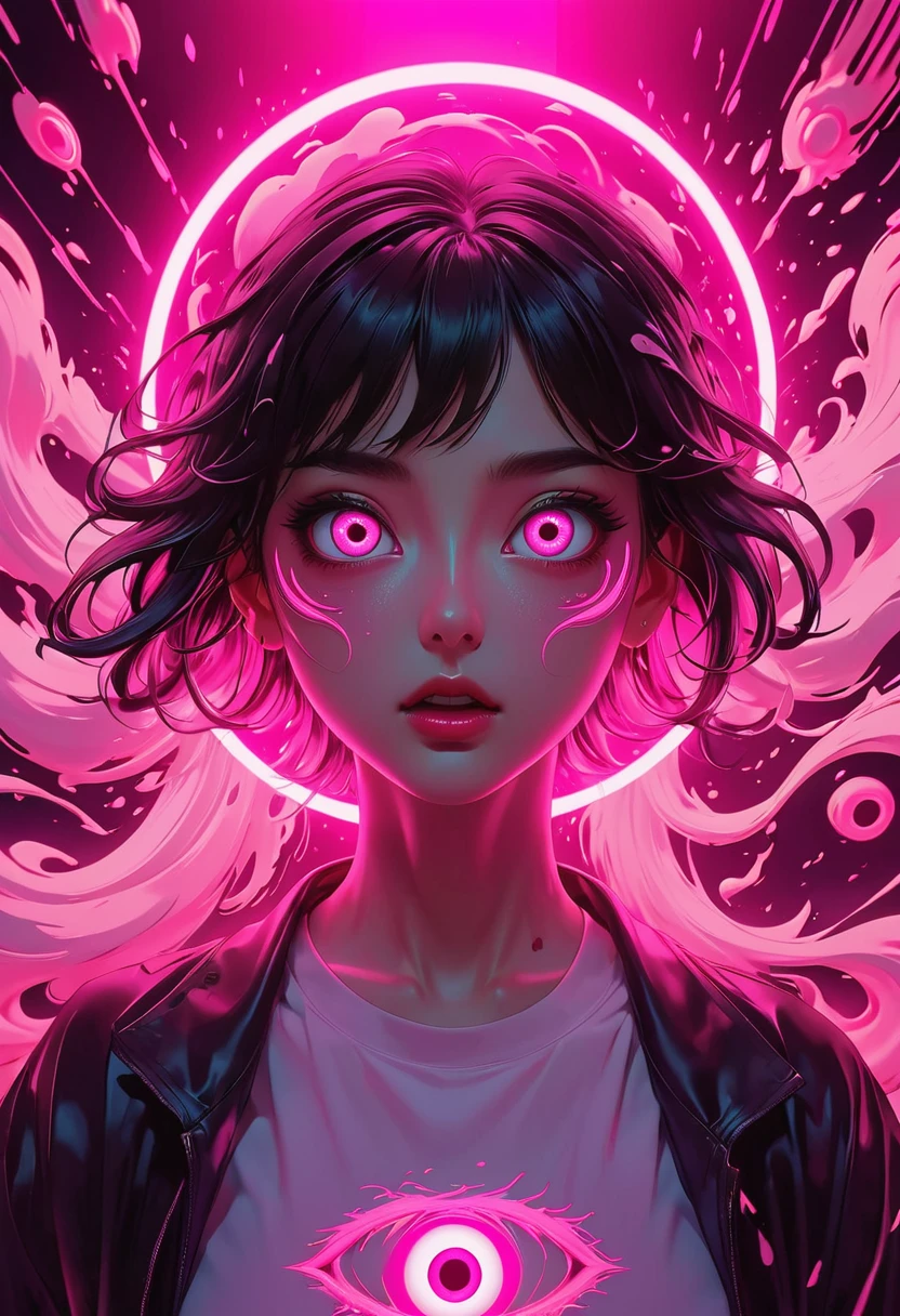 extra long shot, Epic ink bending shot, a crazy people, hollow eyes, an eye standing in bright pink light, fluorescent lighting, anime art, award winning work, 8k, ultra quailty, ultra details