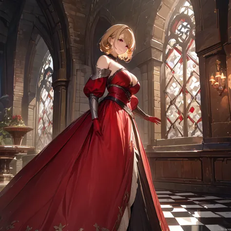 a woman wearing a sophisticated red dress, exposed shoulders, big breasts, blonde hair, short hair, red eyes, red gloves, red he...