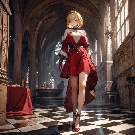 a woman wearing a sophisticated red dress, exposed shoulders, big breasts, blonde hair, short hair, red eyes, red gloves, red he...