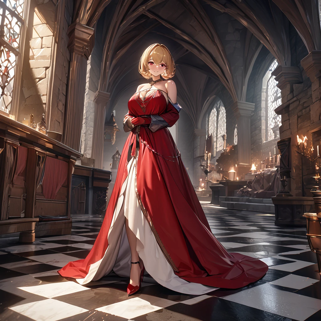 a woman wearing a sophisticated red dress, exposed shoulders, big breasts, blonde hair, short hair, red eyes, red gloves, red heels, smiling, walking in a sophisticated room with medieval aesthetics, medieval decor, shiny checkered floor.UHD , prime work , accurate , anatomically correct , textured skin , super details , high quality , best quality, 8k, high resolution, bokeh effect. (woman alone), close view
