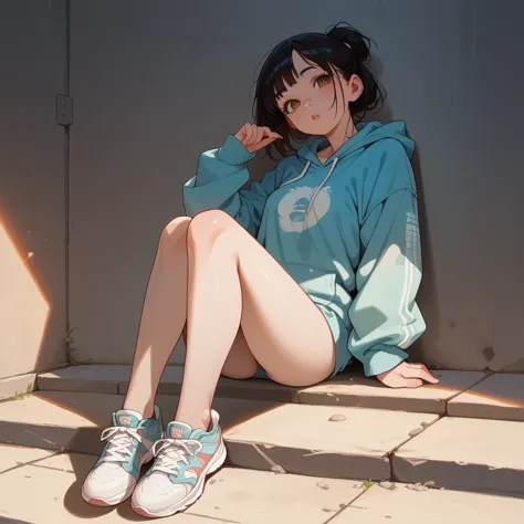 asian woman wearing only hoodie, bare legs, hard nipples, mood lighting, sneakers