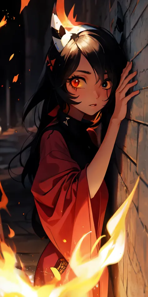 1 girl, Bblack hair, Eyes red, fire witch, bloodstains, Light particles, lightrays, wall-paper, hight contrast, colorfully,