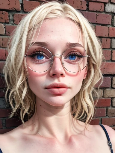 dynamic close-up of the upper part of 1 freckled Russian woman, legit albino, extremely slim and beautiful, perfect body, well-shaped face, skin with highly detailed depth, she is leaning against a brick wall, (long hair, wavy blonde hair and slightly messy), (detailed eyes, big and bright, light brown eyes, curled eyelashes, big glasses), (sensual pouting with mouth), wearing a short sweater showing shoulders, ultra realistic image, vibrant and pointed, dynamic vision, High quality, hyper-realistic and cinematic 32k.
