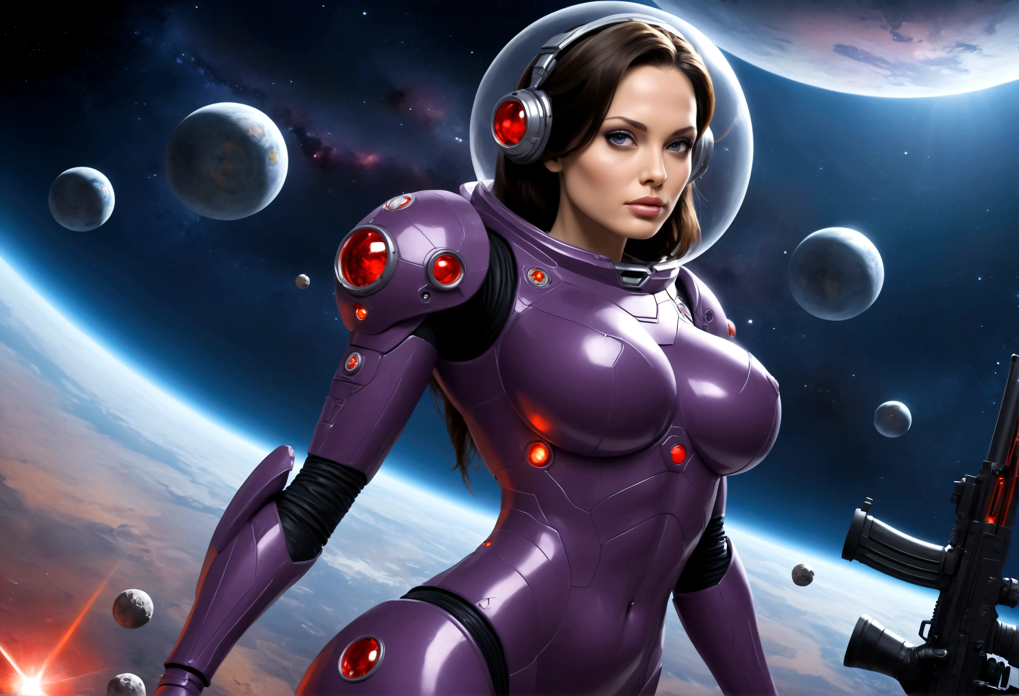 Angelina Jolie (age 25, giga busty, huge breasts, sexy violet clear plastic space suit, thruster pack, bubble dome, big laser ri...