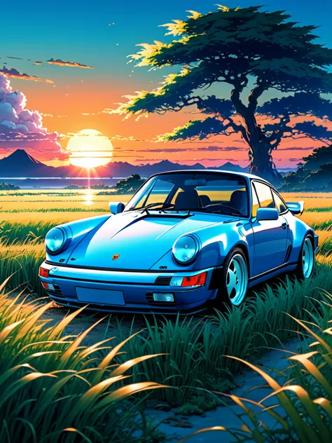 anime landscape of A pearl super deep sea blue classic 1992 Porsche 964 sport sits in a field of tall grass with a sunset in the...