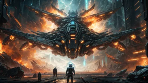 a huge epic sci-fi space battle scene, alien spacecraft, massive explosions, detailed futuristic spaceships, advanced alien tech...