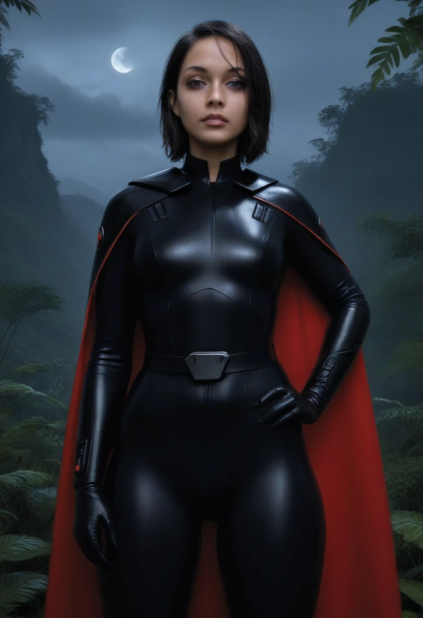 zPDXL, source_anime, BREAK Trilla, helmet with red visor, cape, armor,black gloves,tight bodysuit,black cape,black pants, BREAK close-up, solo, standing, front view, medium breasts, hands on hips, wide hips, BREAK x3dce, 3d, jungle background, dense vegetation, rain, night, night sky,
