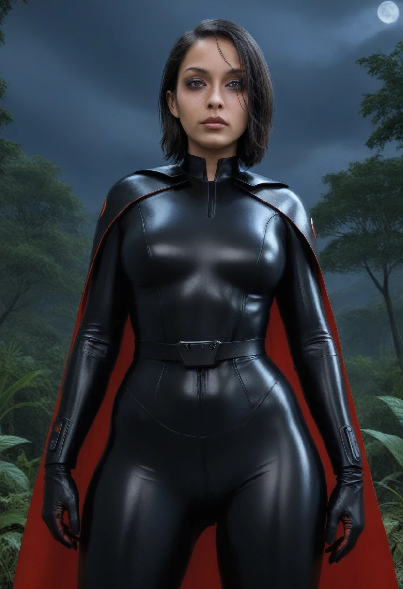 zPDXL, source_anime, BREAK Trilla, helmet with red visor, cape, armor,black gloves,tight bodysuit,black cape,black pants, BREAK close-up, solo, standing, front view, medium breasts, hands on hips, wide hips, BREAK x3dce, 3d, jungle background, dense vegetation, rain, night, night sky,
