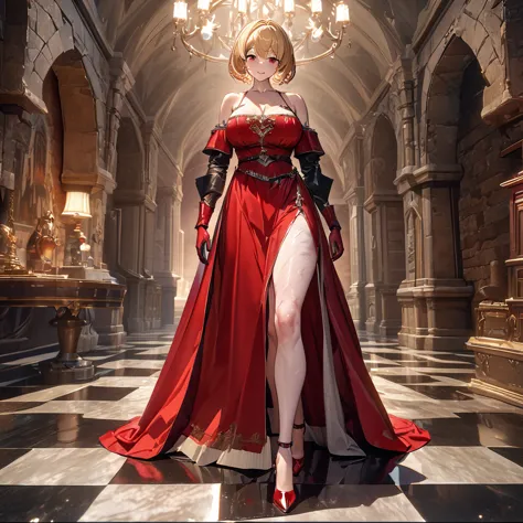 a woman wearing a sophisticated red dress, exposed shoulders, big breasts, blonde hair, short hair, red eyes, red gloves, red he...