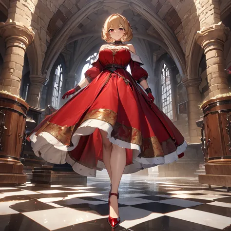 a woman wearing a sophisticated red dress, exposed shoulders, big breasts, blonde hair, short hair, red eyes, red gloves, red he...