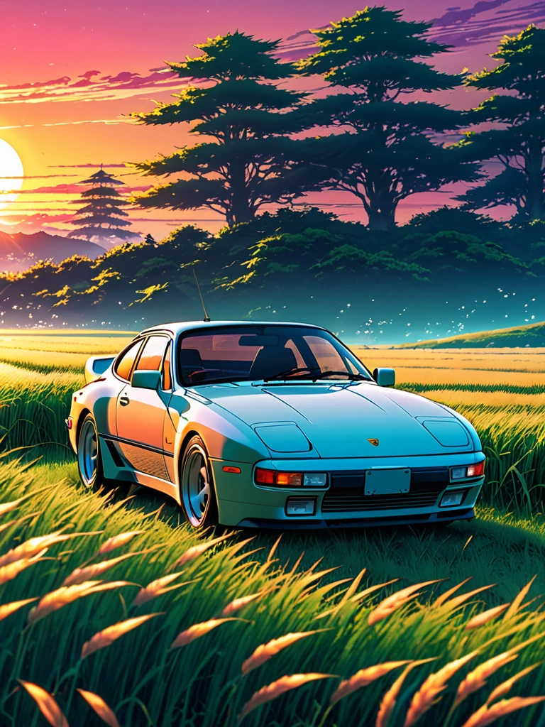 anime landscape of A pearl super space laser redclassic 1992 Porsche 944 sport sits in a field of tall grass with a sunset in the background.beautiful anime scene, beautiful anime peace scene, Makoto Shinkai Cyril Rolando, beautiful anime scene, amazing wallpaper, anime art wallpaper 8k, anime background, artistic anime background, anime wallpaper 4k, anime art 4k wallpaper, anime wallpaper art 4k,