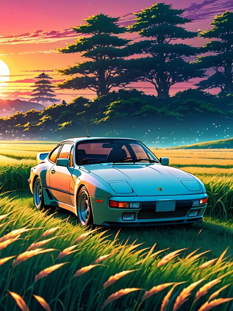 anime landscape of A pearl super space laser redclassic 1992 Porsche 944 sport sits in a field of tall grass with a sunset in th...