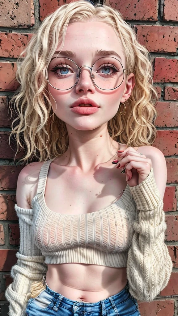 dynamic close-up of the upper part of 1 freckled Russian woman, legit albino, extremely slim and beautiful, perfect body, well-shaped face, skin with highly detailed depth, she is leaning against a brick wall, (long hair, wavy blonde hair and slightly messy), (detailed eyes, big and bright, light brown eyes, curled eyelashes, big glasses), (sensual pouting with mouth), wearing a short sweater showing shoulders, ultra realistic image, vibrant and pointed, dynamic vision, High quality, hyper-realistic and cinematic 32k.