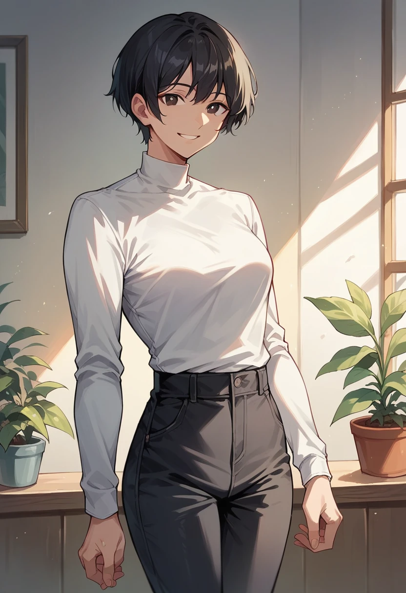 score_9, score_8_up, score_7_up, score_6_up, solo, straight hair, short hair, black hair, black eyes, white shirt, long sleeves, black pants, indoors, standing, looking at viewer, smile