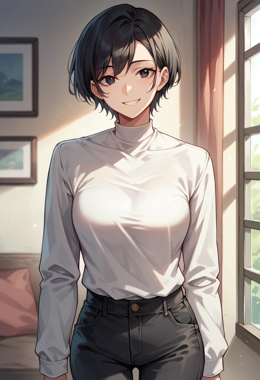 score_9, score_8_up, score_7_up, score_6_up, solo, straight hair, short hair, black hair, black eyes, white shirt, long sleeves, black pants, indoors, standing, looking at viewer, smile