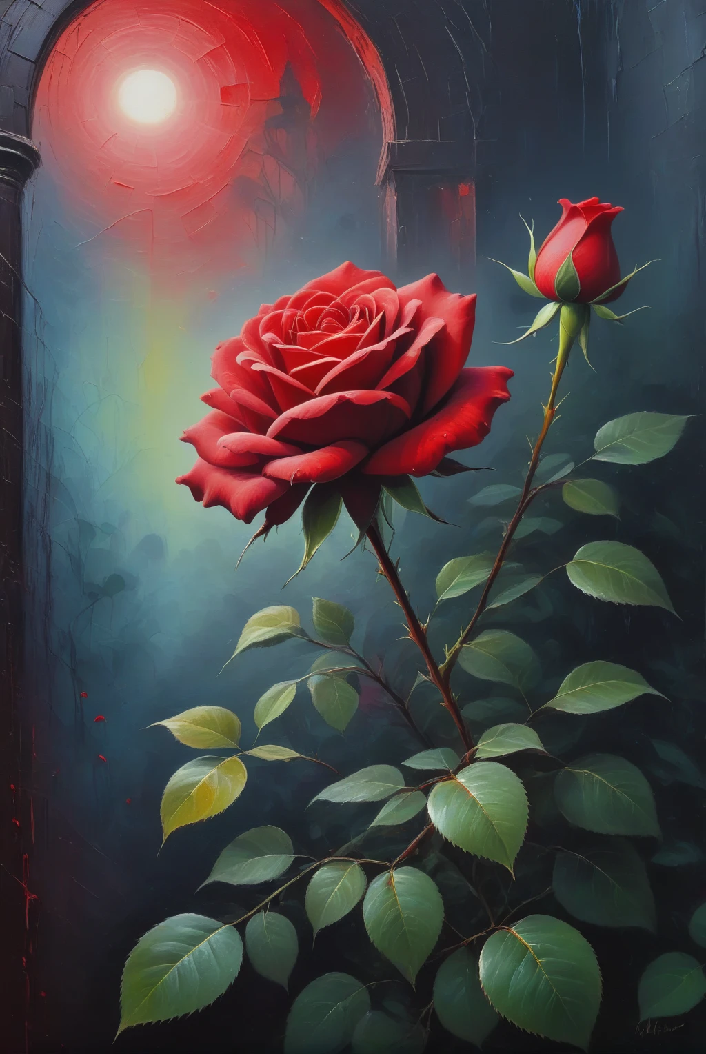 painting，A rose，Red rose，Mysterious background