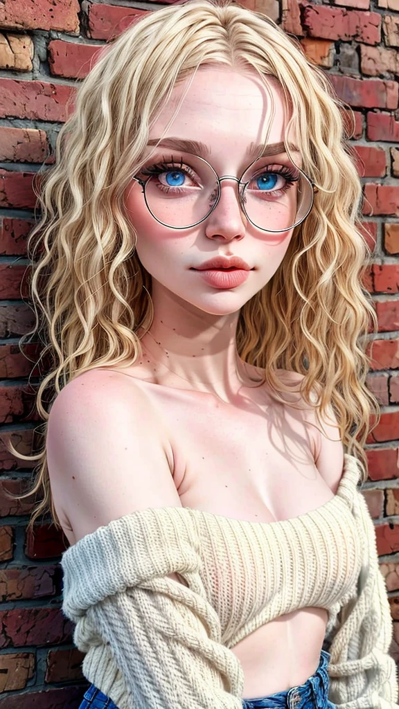 dynamic close-up of the upper part of 1 freckled Russian woman, legit albino, extremely slim and beautiful, perfect body, well-shaped face, skin with highly detailed depth, she is leaning against a brick wall, (long hair, wavy blonde hair and slightly messy), (detailed eyes, big and bright, light brown eyes, curled eyelashes, big glasses), (sensual pouting with mouth), wearing a short sweater showing shoulders, ultra realistic image, vibrant and pointed, dynamic vision, High quality, hyper-realistic and cinematic 32k.