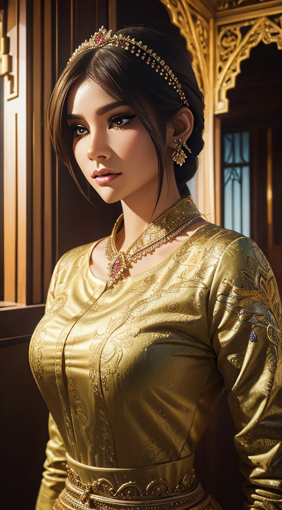 With a look of embarrassed, a woman gazes at the viewer with eyes widened in awe.  makeup and a goddess-like presence. This stunning painting showcases intricate details, from the intricate brushstrokes capturing the woman's expression to the ethereal glow emanating from her immaculately rendered features. The use of the Unreal Engine render adds a layer of realism and depth to the image, elevating it to a level of unparalleled beauty and artistry.