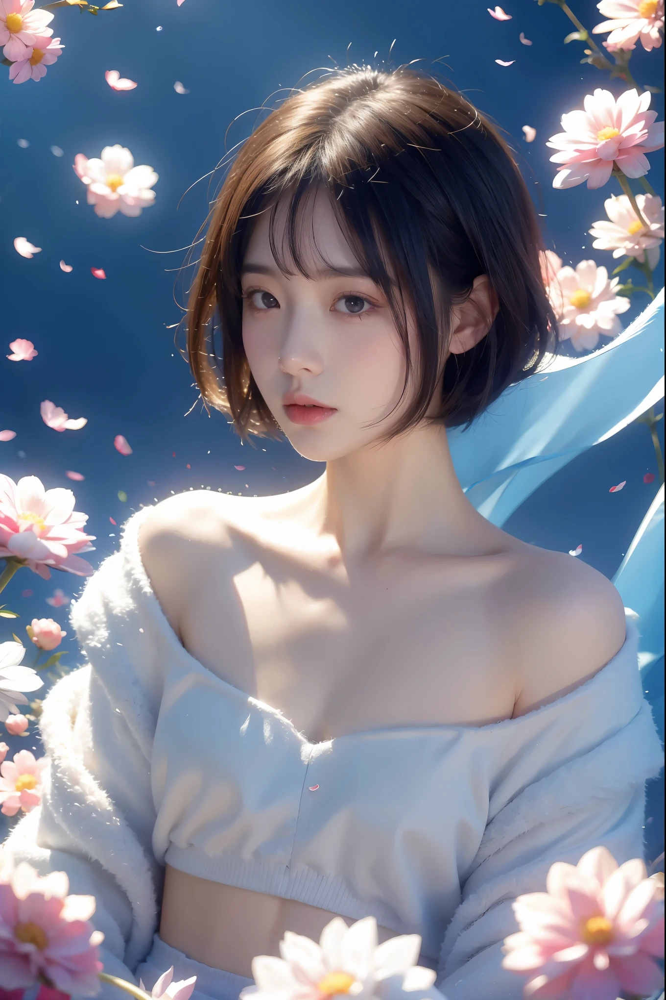 1girl,solo,long hair,realistic,lips,parted lips,upper body,blurry background,floating petals,jitome,cute,short hair