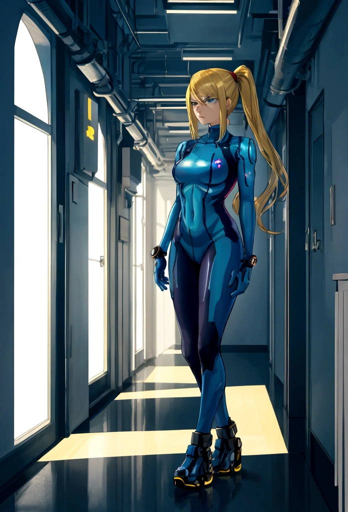 Samus standing in a hallway, looking annoyed