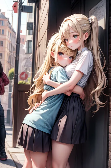 (masterpiece, best quality) 2girls, hug, blonde, size difference