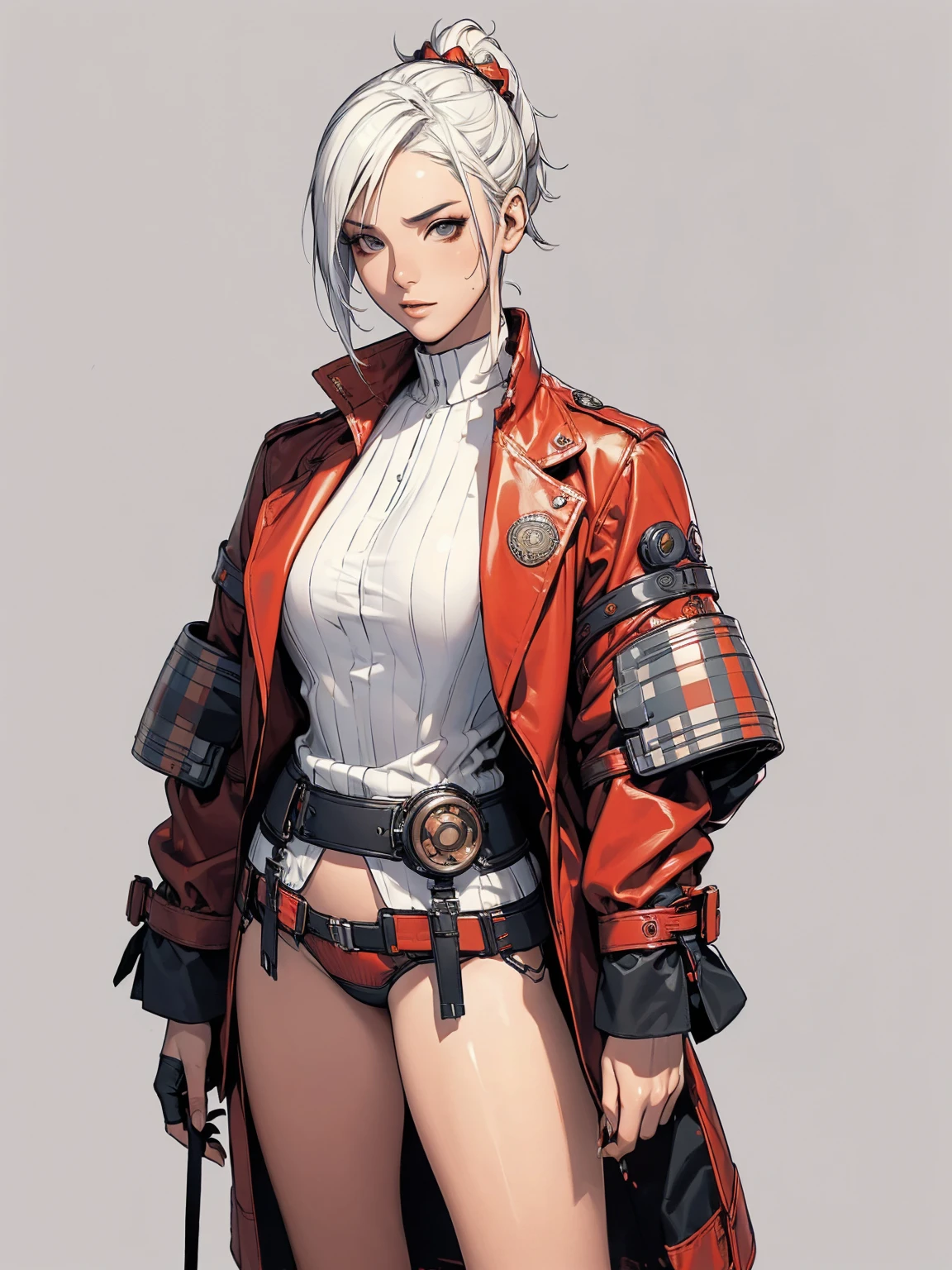 (((Woman))), (((best qualityer))), (((​masterpiece))), (((grown-up))), (((1 girl))), (((cyber punk/dieselpunk/Steampunk))), ((( White hair ))), (((plaid pattern))), (((samurai army))), (((tied hair))), (((texturas))), (((ink spatter))), (((grain))), Uma modelo cyber punk Woman de 18 anos com corpo perfeito, clean  face, ((( red jacket with red and white checkered sleeves ))), Black micro skirt showing tiny turquoise leather panties, fitted jacket with intricate textures, almost naked in Simon Bisley&#39;s wild urban style for the cover of Heavy Metal magazine, Spectacular colorful graphics, Minimal clothing, red futuristic jacket with checkered sleeves, (((from the knee up))), ((( colourful hair ))), Ao fundo, a wall painted with an intricate design, (((self-contrast of the character with the background))), Two-tone lighting, film grain