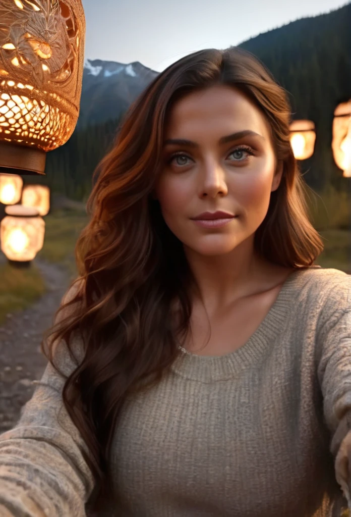 1 brunette woman ((selfie)), (beautiful detailed bright eyes:1.2) masterpiece, best quality, ultra-detailed, outdoor, (night), mountains, nature, (stars, moon), sweater, lantern, forest, stones, river, campfire, wood, smoke, shadows, contrast, clear sky, style, (warm hue, warm tone), best illumination, (best shadow, an extremely delicate and beautiful, bloom, iridescent), shimmering, glowing, realistic:1.3, cinematic lighting:1.2, ultra photoreal, photorealistic:1.0,