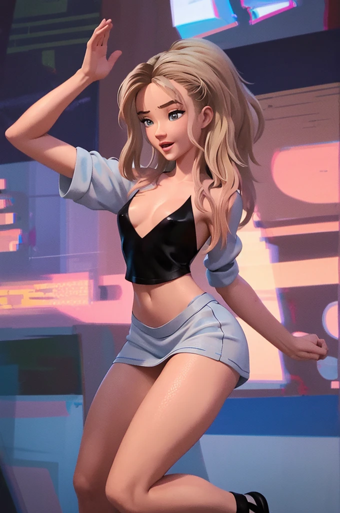 Masterpiece,(Best Quality),Very detailed,ultra detailed,1 girl,  style mini skirt, Sin blaze, breasts in the air, full body back focus, big thighs , small breasts, You can see her nipples 