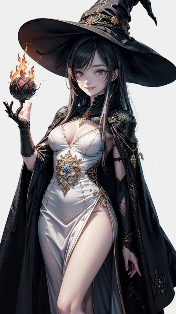 (Masterpiece, Top Quality), Detail, ((Character Concept Art)), (1 Woman, Female, Black Long Dress, Witch Hat, Witch Dress Cloth, Many Parts), (Pale Skin Color), (Detailed Eyes), Detailed Face, ((Bewitching Smiling Expression)), Athlete Body, Black Hair Color, Long Hair, ((Bewitching Smiling Expression)), Details, Animated Babe, Wallpaper, Game Illustration, Animagine XL Babe, Long Hair long style, ((cast fire magic, mage of fire)), detail, anime babe, wallpaper, game illustration, Animagine XL Babe, fanart, animation, (simple background, white background: 1. 3)