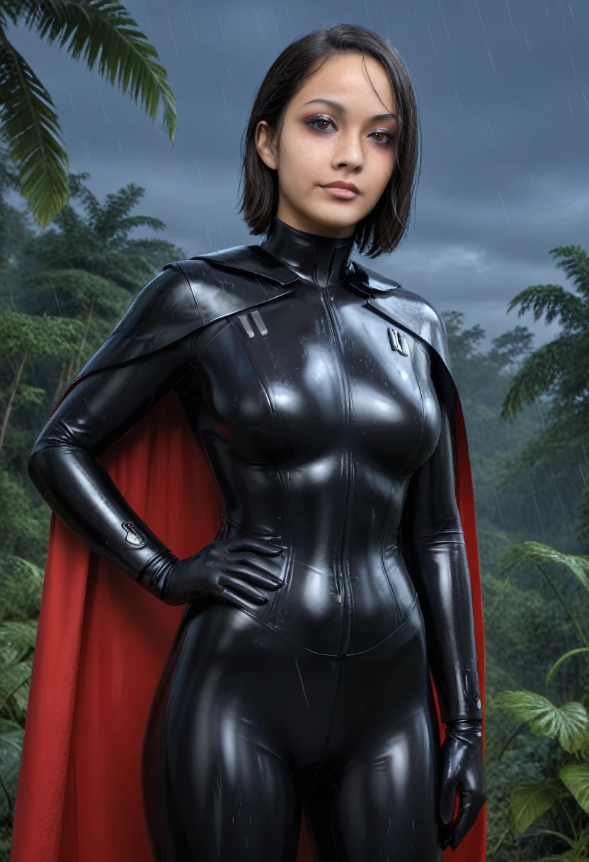 zPDXL, source_anime, BREAK Trilla, helmet with red visor, cape, armor,black gloves,tight bodysuit,black cape,black pants, BREAK close-up, solo, standing, front view, medium breasts, hands on hips, wide hips, BREAK x3dce, 3d, jungle background, dense vegetation, rain, night, night sky,
