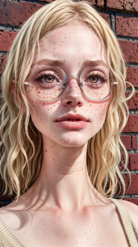dynamic close-up of the upper part of 1 Russian woman, legitimate albino, extremely slim and beautiful, perfect body, (well-shaped and delicate face with (freckles)), skin with highly detailed depth, she is leaning against a brick wall, (hair Long, wavy and slightly messy blonde hair), (detailed, large, bright eyes, light brown eyes, curled eyelashes, large glasses), (sensual pouting with her mouth), wearing a short sweater showing her shoulders, (she is sweaty (shining with sweat)), Perfect symmetry, ultra realistic, vibrant and sharp image, dynamic vision, high quality, hyper-realistic and cinematic 32k.
