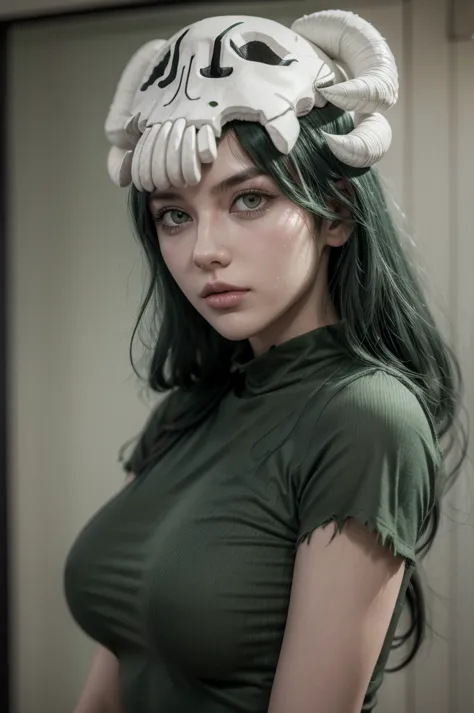 Nelliel from bleach, realistic, age 25, extreme pure white skin, skull on head, light green long hair, torn green shirt, perfect...