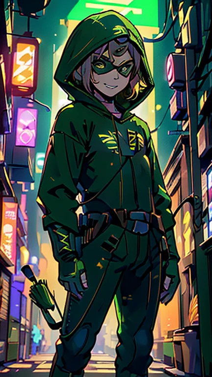 best quality,masterpiece,1boy,solo,(((13years old))),japanese boy,an extremely cute and handsome boy,highly detailed beautiful face and eyes,petit,cute face,lovely face,baby face,shy smile,show teeth, Blonde hair,Short hair,flat chest,skinny,slender,(((wearing a Green Arrow costume, Green hero mask style, green hood))),(((standing in Dark Midnight Neon Glow light Cyberpunk metropolis city))),he is looking at the viewer,