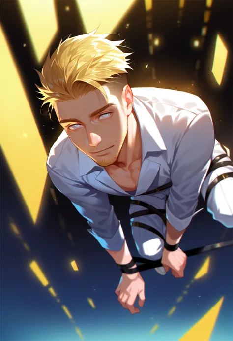 score_9, score_8_up, score_7_up, 1man, solo, male focus, blonde hair, undercut, black drawing marks under the eyes, young man, s...