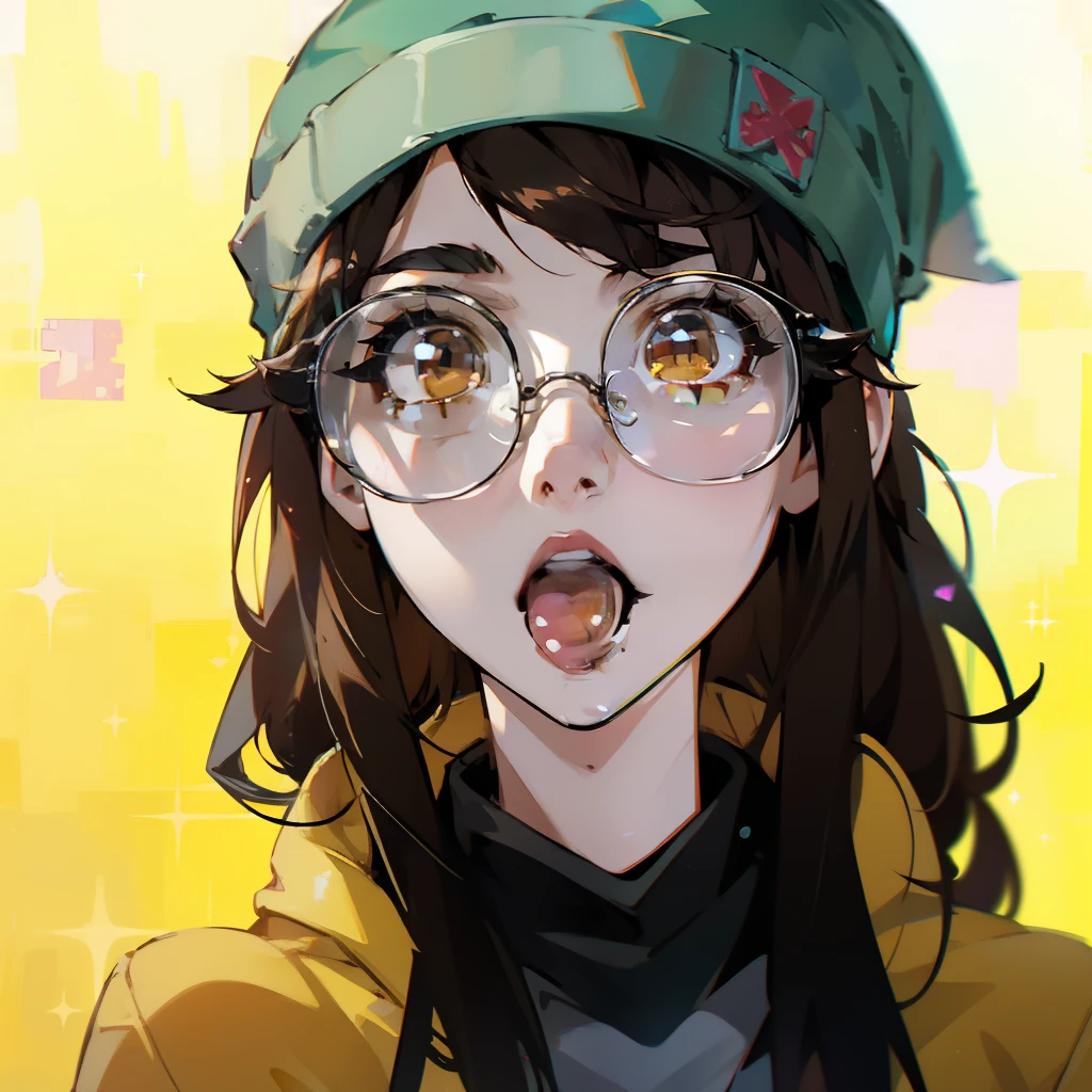 killjoy valorant, focused upper body, one girl wearing perfect glasses and green beanie hat, yellow hoodie, sparkling brown eyes, nice perfect face with soft skin, intricate detail, 8k resolution, masterpiece, 8k resolution photorealistic masterpiece, professional photography, natural lighting, detailed texture,