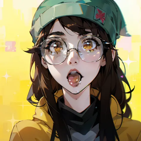 killjoy valorant, focused upper body, one girl wearing perfect glasses and green beanie hat, yellow hoodie, sparkling brown eyes...