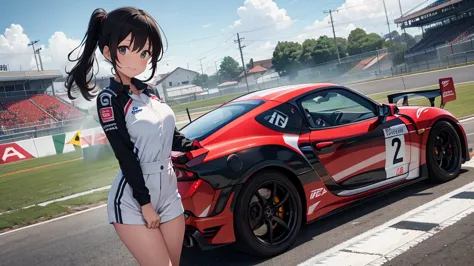 Woman in racing suit, background is racing field, full body type, racing car, gekiga anime, poor Miwa-ko, crowd, mechanic, helme...