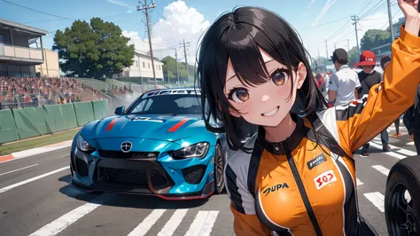 woman in racing suit, background is racing field, full body type, racing car, gekiga anime, poor miwa-ko, crowd, mechanic, helme...