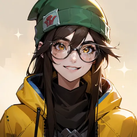 killjoy valorant, focused upper body, one girl wearing perfect glasses and green beanie hat, yellow hoodie, sparkling brown eyes...