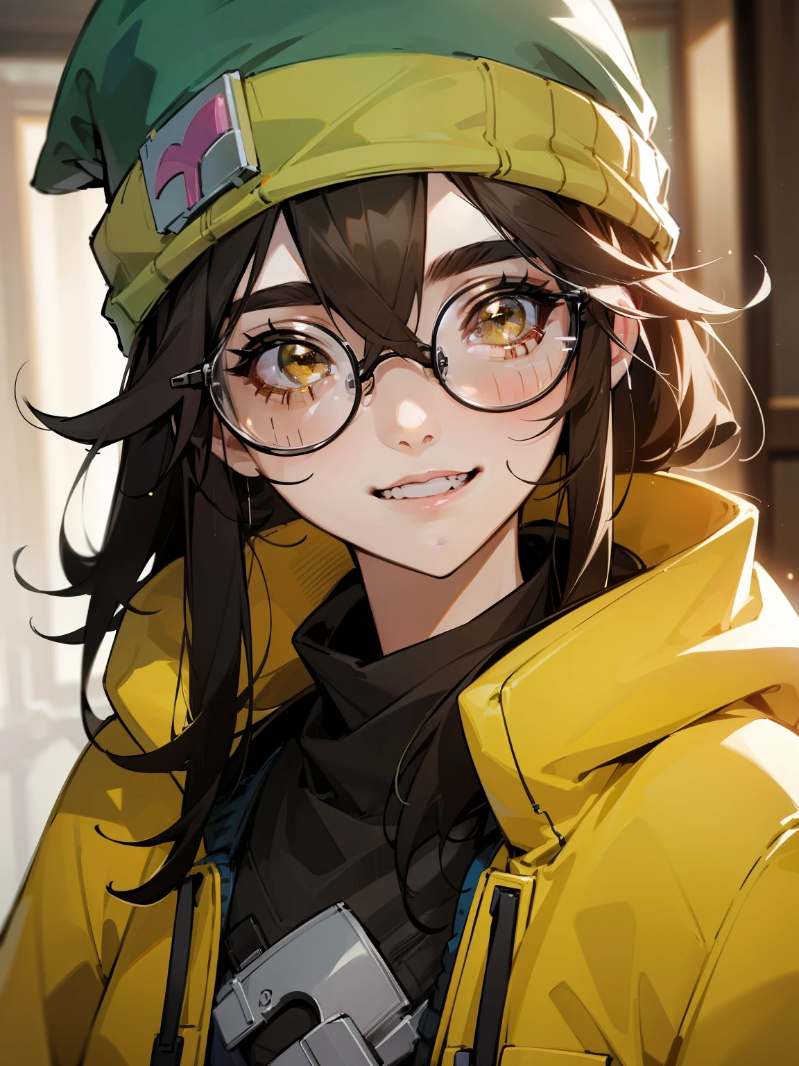 killjoy valorant, focused upper body, one girl wearing perfect glasses and green beanie hat, yellow hoodie, sparkling brown eyes, nice perfect face with soft skin, intricate detail, 8k resolution, masterpiece, 8k resolution photorealistic masterpiece, professional photography, natural lighting, detailed texture, grin