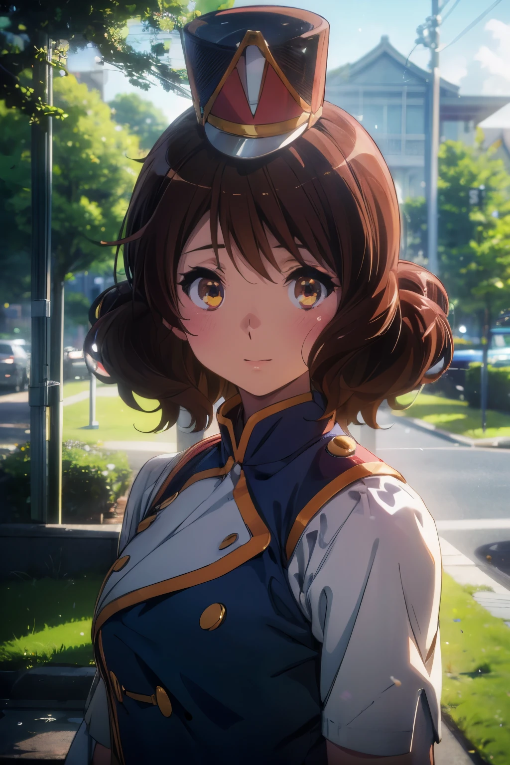 (Best image quality, 8K, high quality, High detail,masterpiece:1.2)、kumiko oumae、sunfes, mini shako cap, uniform,Eye highlights、Face Light、Sparkling Eyes、solo、1 girl、Look at the viewer、sketch、Flat Color、、anime、animeカラーリング、garden、smile、Random pose、(Blur the background:1.3)、Upper Body、Cover your subject all over