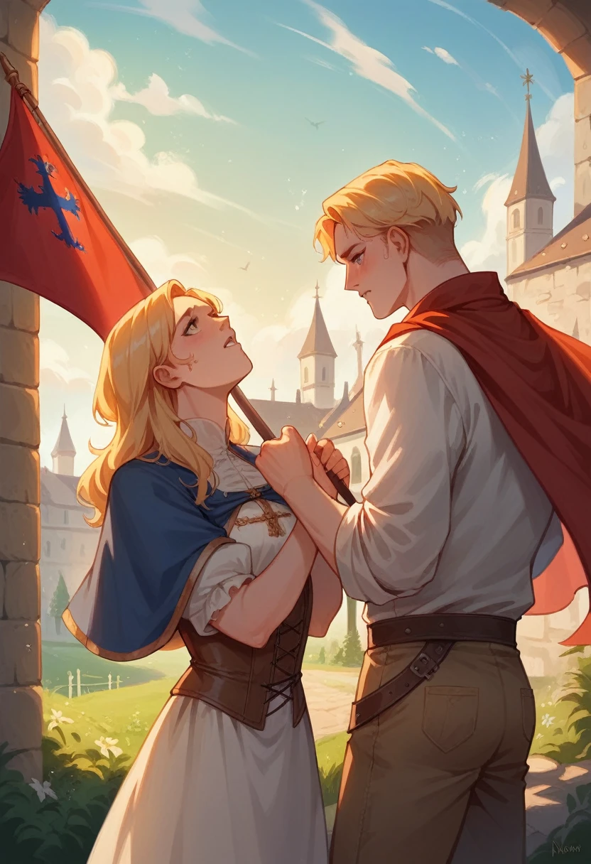 a lot, front, Portraiture, A boy with medium length blonde hair, Outdoor, Backlight, Soft Light, Medieval, France, holding red flag, look up, red, green, white, pants,NSFW,Sex,